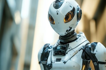 Fototapeta premium Advanced humanoid robot showcasing intricate design in a futuristic urban environment during daylight