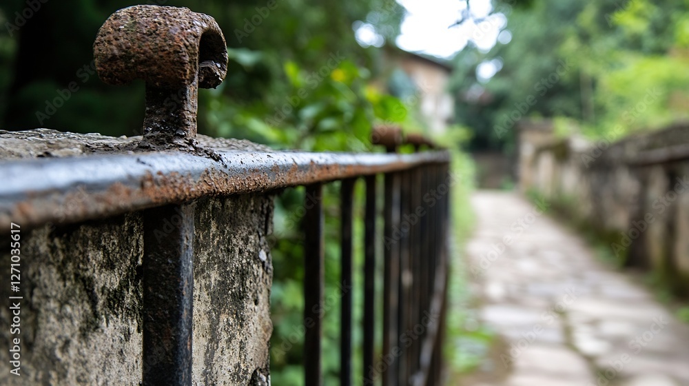 Fototapete closeup of a rusty iron fence post overlooking a tranquil green pathway in a serene environment : ge