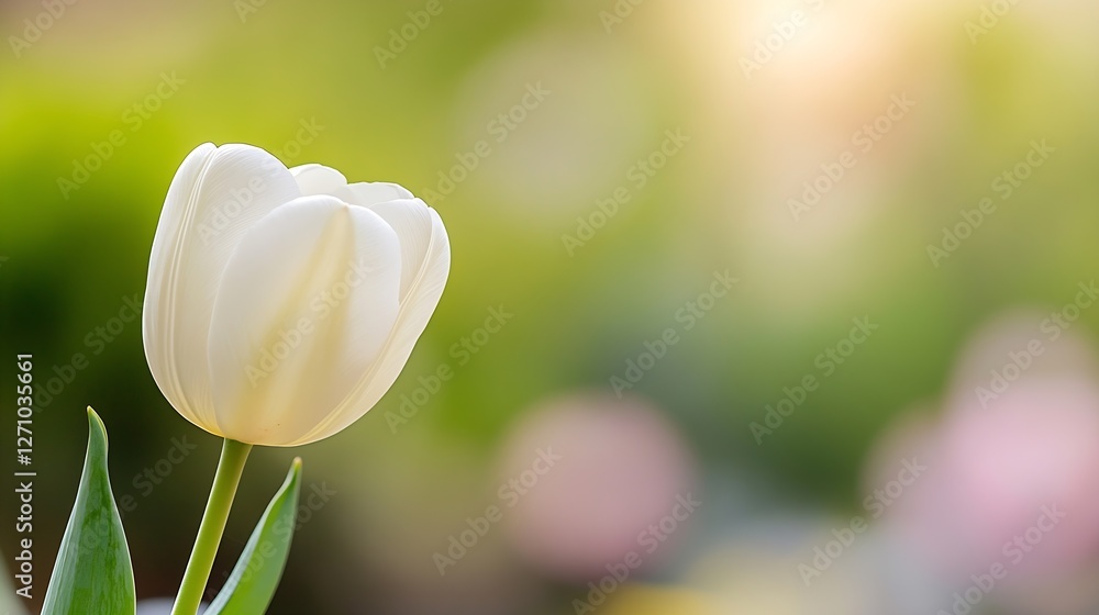 Poster delicate white tulip flower blooming in a lush garden with a soft blurred background : generative ai