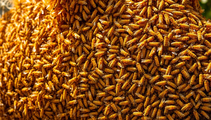  Close-up of a massive cluster of honeybees swarming together on a camel's fur, creating a dense beehive-like texture on its body.