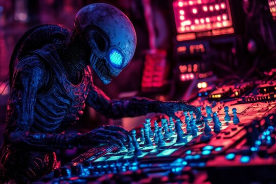 Alien creature playing chess at a futuristic control panel in a dimly lit sci-fi environment