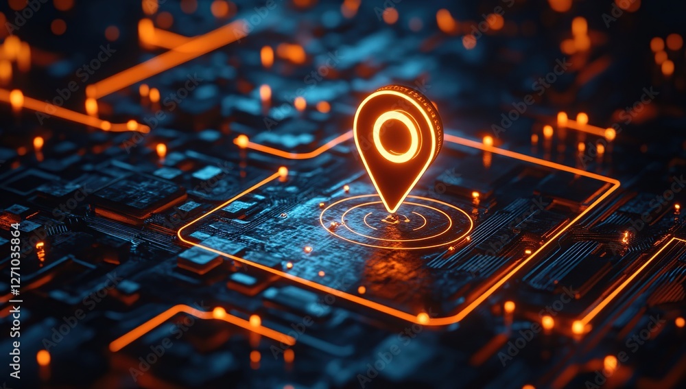 Poster digital location tracking system: glowing pinpoint on circuit board, illuminating global positioning