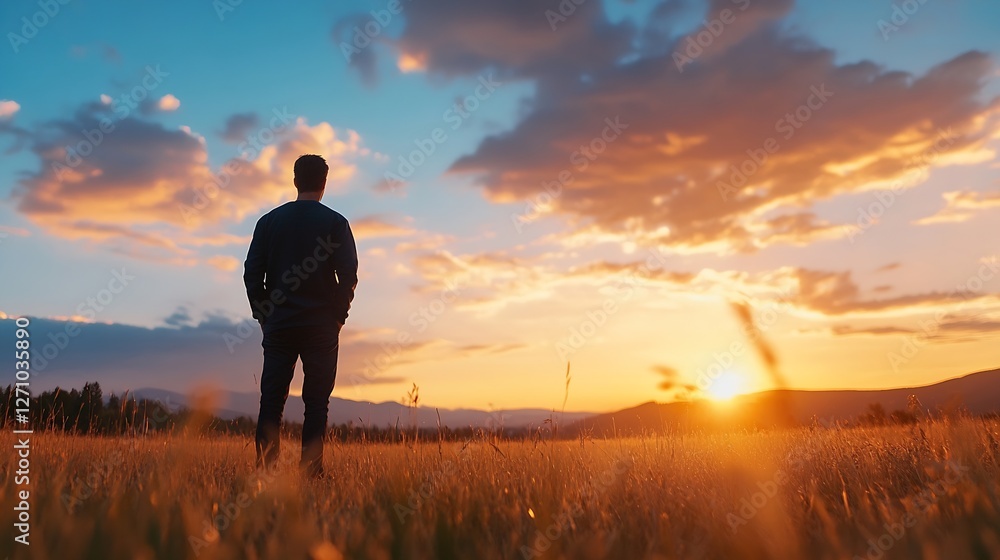 Poster silhouette of a man standing in a field during a stunning sunset view : generative ai