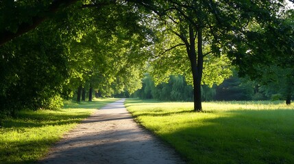 Fototapeta premium Serene sunlit pathway surrounded by lush greenery and vibrant trees creating a peaceful atmosphere : Generative AI