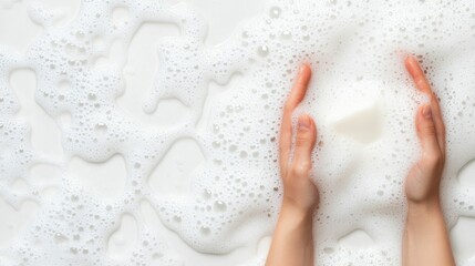 Fototapeta premium Hands holding soap bar amidst luxurious foam for cleanliness and hygiene concepts