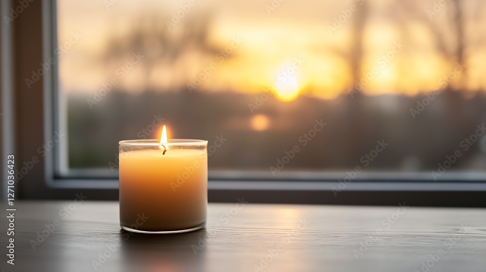 Poster warm candlelight creating a cozy ambiance with a beautiful sunset in the background : generative ai