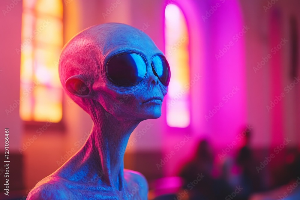 Poster mysterious alien figure in a colorful setting with dramatic lighting
