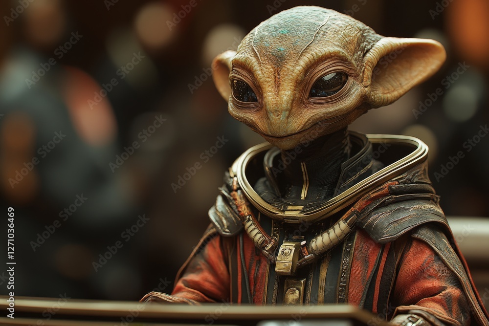 Poster alien character with intricate design seated in a futuristic setting, surrounded by a diverse crowd 