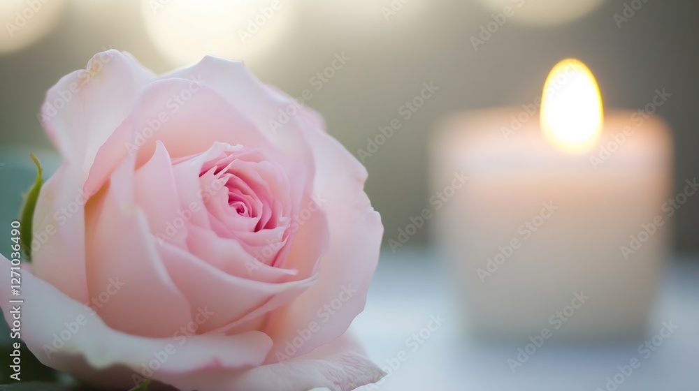 Poster delicate pink rose in focus next to a glowing candle creating an elegant scene : generative ai