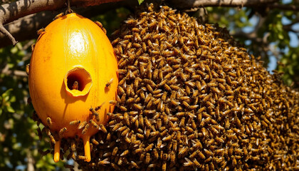  Close-up shot of a bright yellow beehive hanging from a camel's body, surrounded by thousands of bees actively working on it