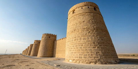 close-up view of the towering walls of derawar fort revealing intricate brickwork and strength