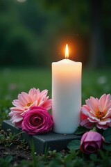 White pillar candle on a gravesite with flowers, peace, condolence