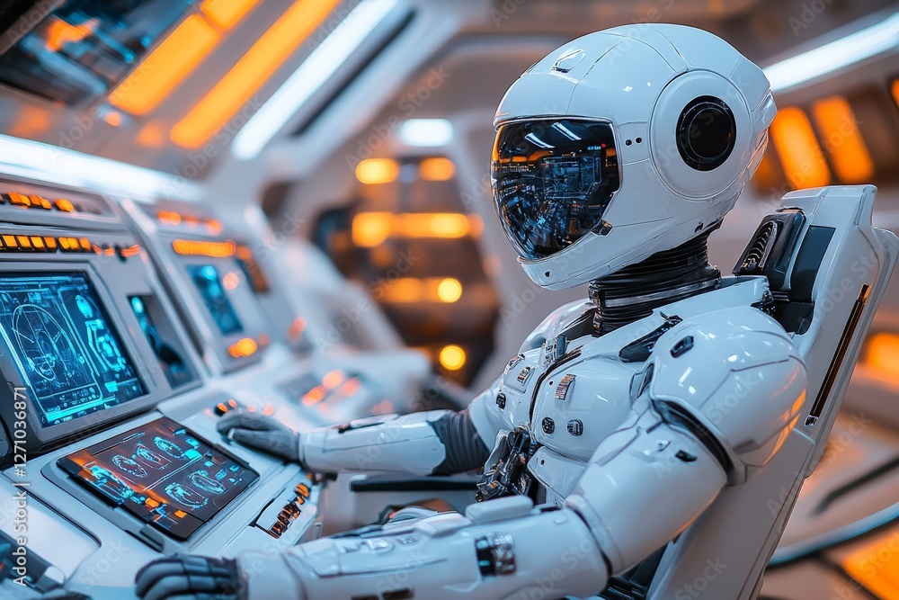 Poster robot astronaut operates control panel in a futuristic spacecraft with bright lights