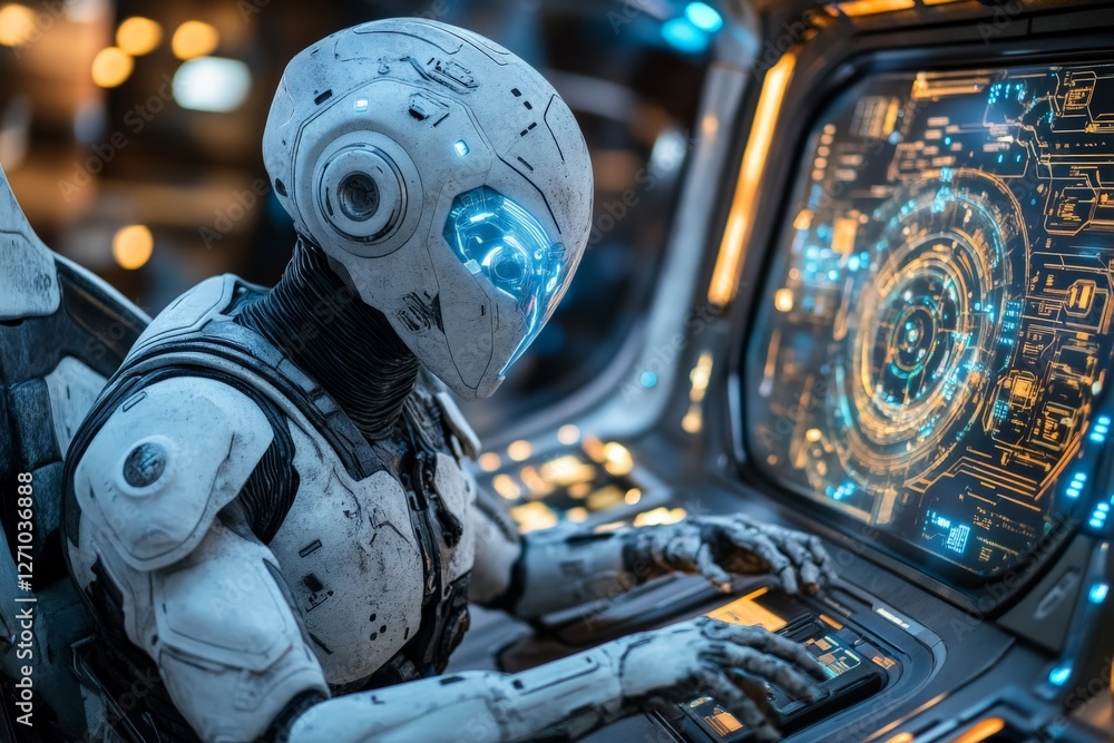 Aufkleber futuristic robot interacts with advanced technology in a high-tech environment at night