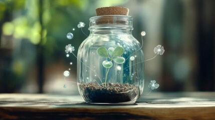 Sprout in a glass jar with glowing elements