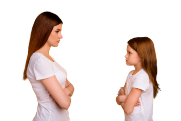 Profile side photo of negative mom and her child with long haircut looking wearing white t-shirt isolated over yellow background
