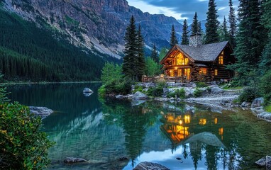 Fototapeta premium A log cabin by a peaceful mountain lake, reflecting in the clear water