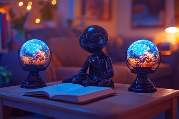 Unique alien figurine surrounded by glowing globes on a coffee table in a cozy, illuminated room during the evening
