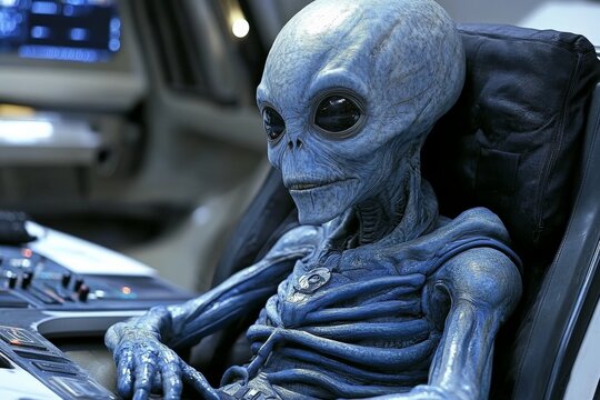 Extraterrestrial being seated at control panel inside alien spacecraft during interstellar journey