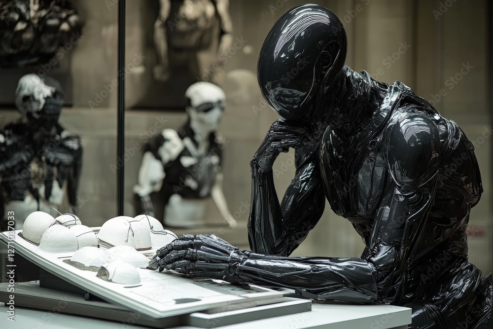 Aufkleber robotic figure engaged in calculation within a futuristic exhibit during an evening showcase of adva
