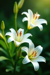 White lily flowers sway in the breeze amidst green foliage, floral, elegant, lilies