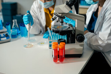 Lab work, Doctor holds a test tube takes the test from a test tube in analysis, blood, DNA, test tube stand..