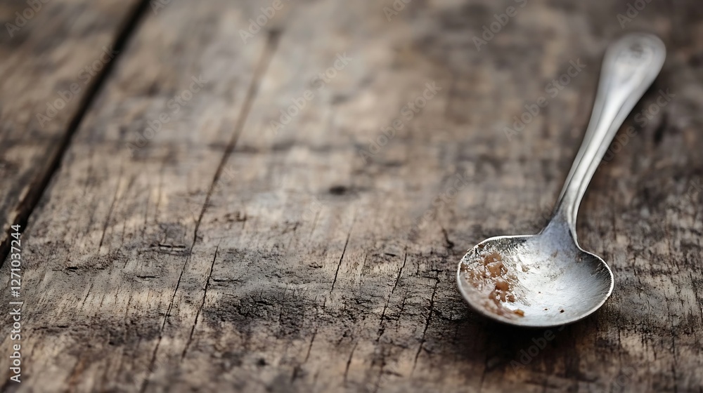 Poster close up of a vintage silver spoon resting on a rustic wooden table with scattered sugar grains : ge
