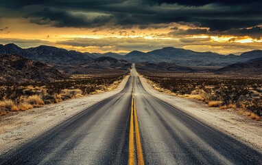 A long road disappearing into the desert horizon