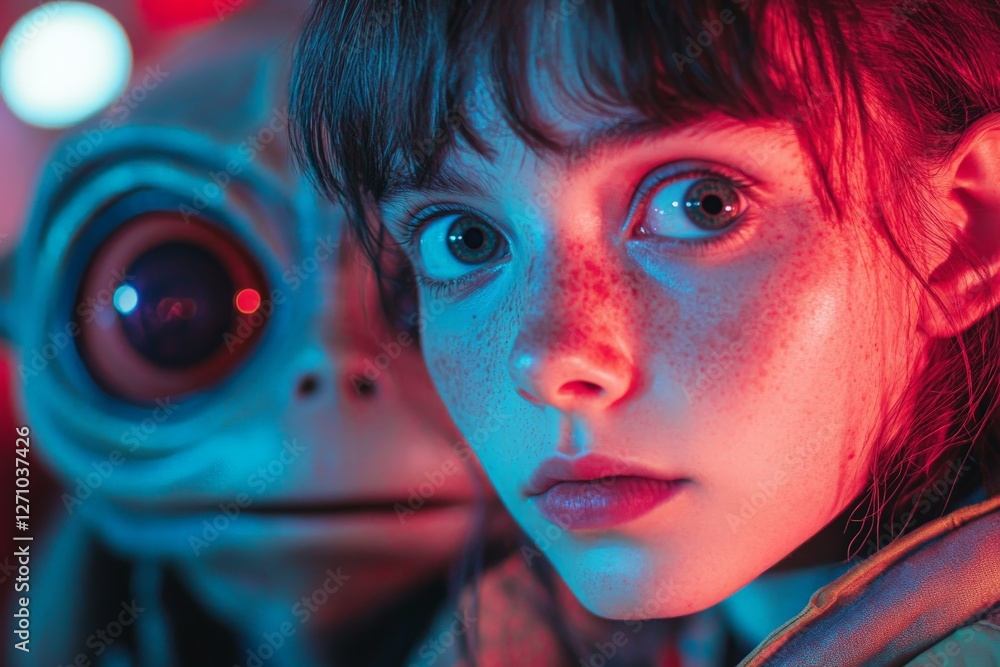 Poster girl interacts with alien creature in vibrant neon-lit setting showcasing friendship and unity in a 