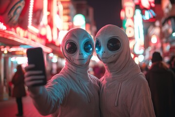 Obraz premium Two individuals in alien costumes take a selfie at a lively urban street filled with neon lights at night