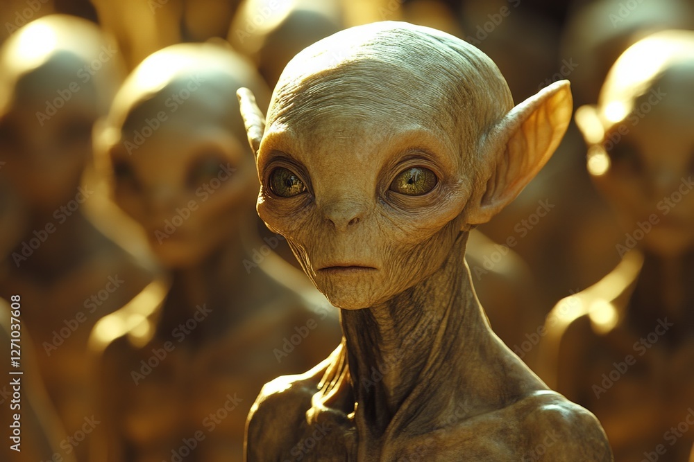 Aufkleber intriguing alien figure stands out among a group of similar beings in a mysterious setting during a 