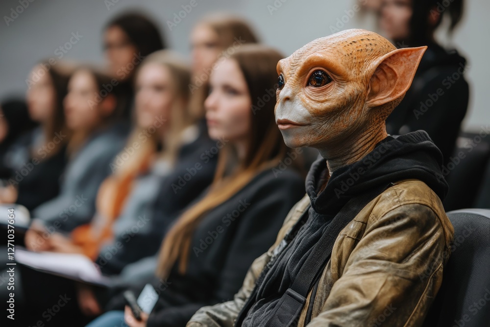 Poster alien character engaged in discussion at a gathering of students in a classroom setting