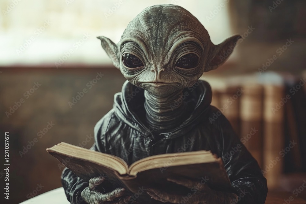 Poster alien creature reading a book in a cozy library setting during daylight hours
