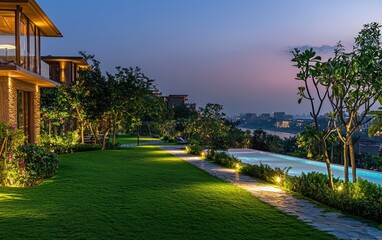 Obraz premium A luxury resort with vibrant green lawns leading to an infinity pool