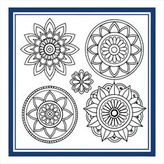 A set of six intricate mandala designs, arranged in a 2x3 grid, each centered on a white 
background with a blue border separating them. The mandalas are highly detailed, symmetrical, and have floral.