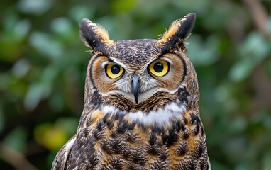 A magnificent great horned owl staring into the camera