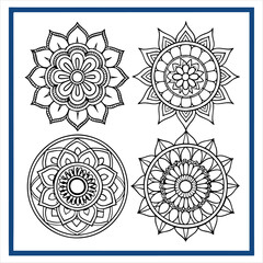 A set of six intricate mandala designs, arranged in a 2x3 grid, each centered on a white 
background with a blue border separating them. The mandalas are highly detailed, symmetrical, and have floral.