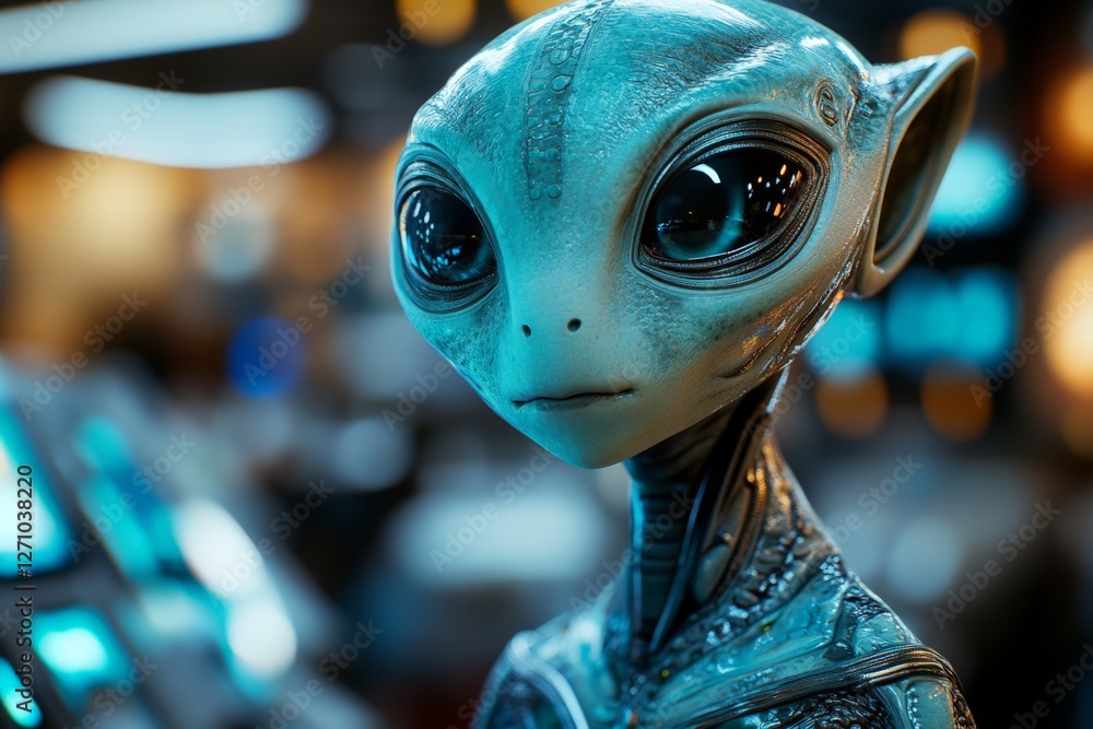 Poster futuristic alien figure in a sci-fi setting with intricate details and vibrant colors