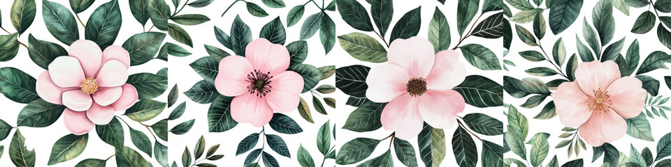 Fototapeta premium Lush floral arrangement featuring a beautiful bouquet of pink flowers surrounded by vibrant green leaves and foliage Serene and romantic backdrop with a natural botanical feel