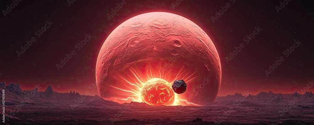 Poster Asteroid impact idea. A stunning view of a red planet and a glowing sun in outer space.