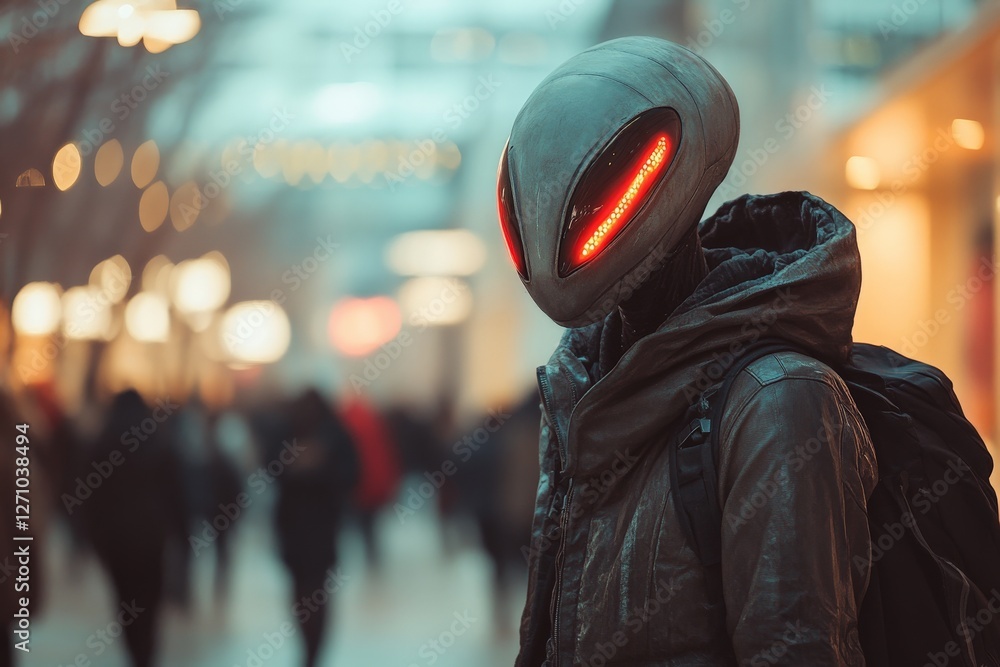 Aufkleber unidentified figure with alien-like features stands in a busy urban setting at twilight
