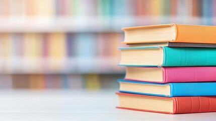 Colorful stack of books in a library setting for education and learning themes