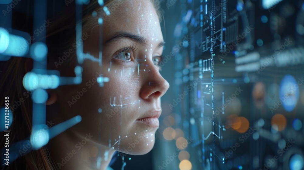 Poster a young woman gazes intently at floating digital interfaces, immersed in a technological environment