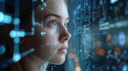 A young woman gazes intently at floating digital interfaces, immersed in a technological environment filled with blue holographic displays and lights.
