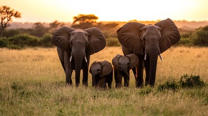 Obraz premium Majestic herd of elephants grazing together in a golden sunset on the African savanna : Generative AI