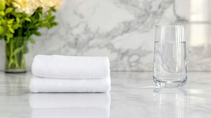 Spa relaxation scene with towels and glass of water on marble surface