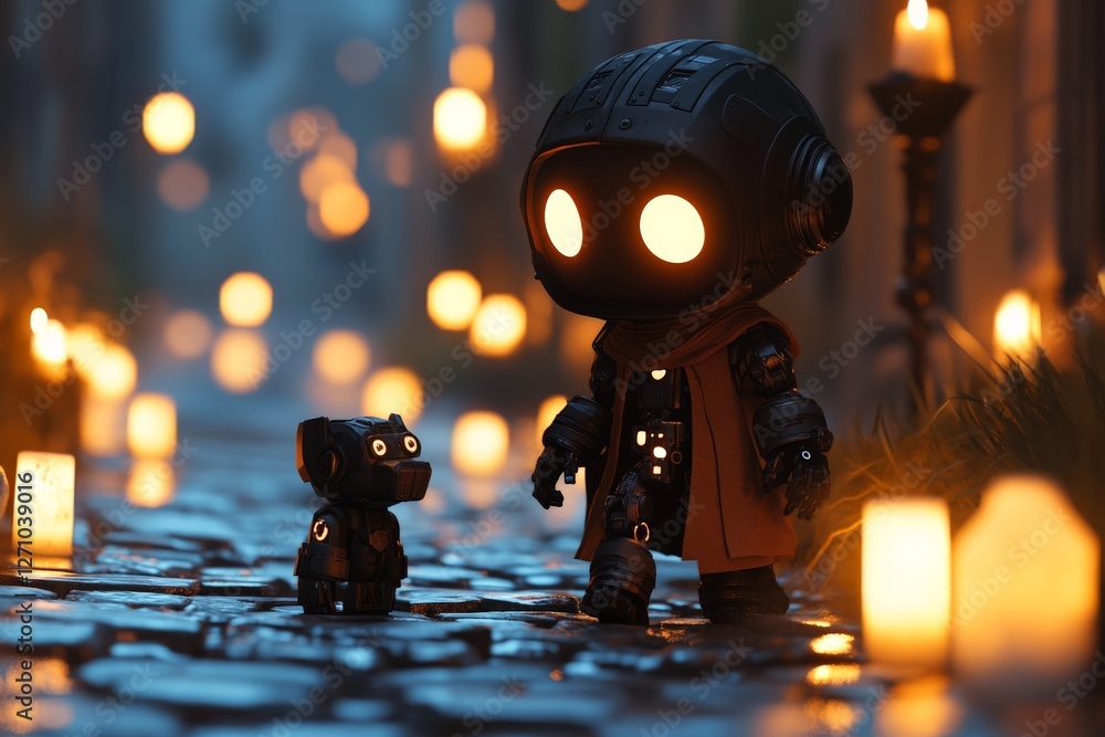 Poster robot companion walks peacefully with small robotic dog on a cobblestone path illuminated by candles