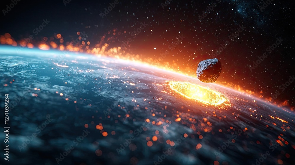 Poster asteroid impact idea. a dramatic view of earth during an asteroid impact, showcasing explosive destr