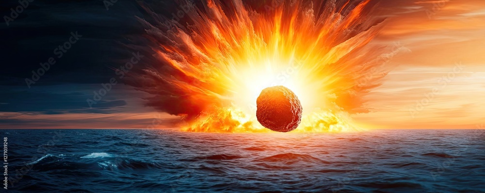 Poster Asteroid impact idea. A spectacular explosion on the ocean creating a stunning visual contrast.