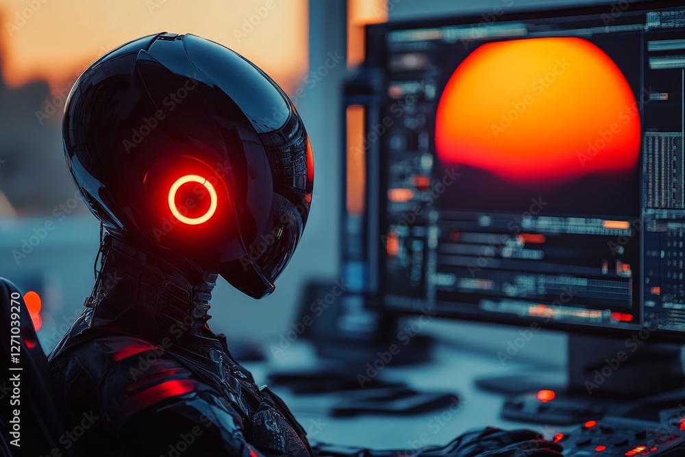 Aufkleber robot analyzes sunset data at computer workstation during evening hours in a modern office setting